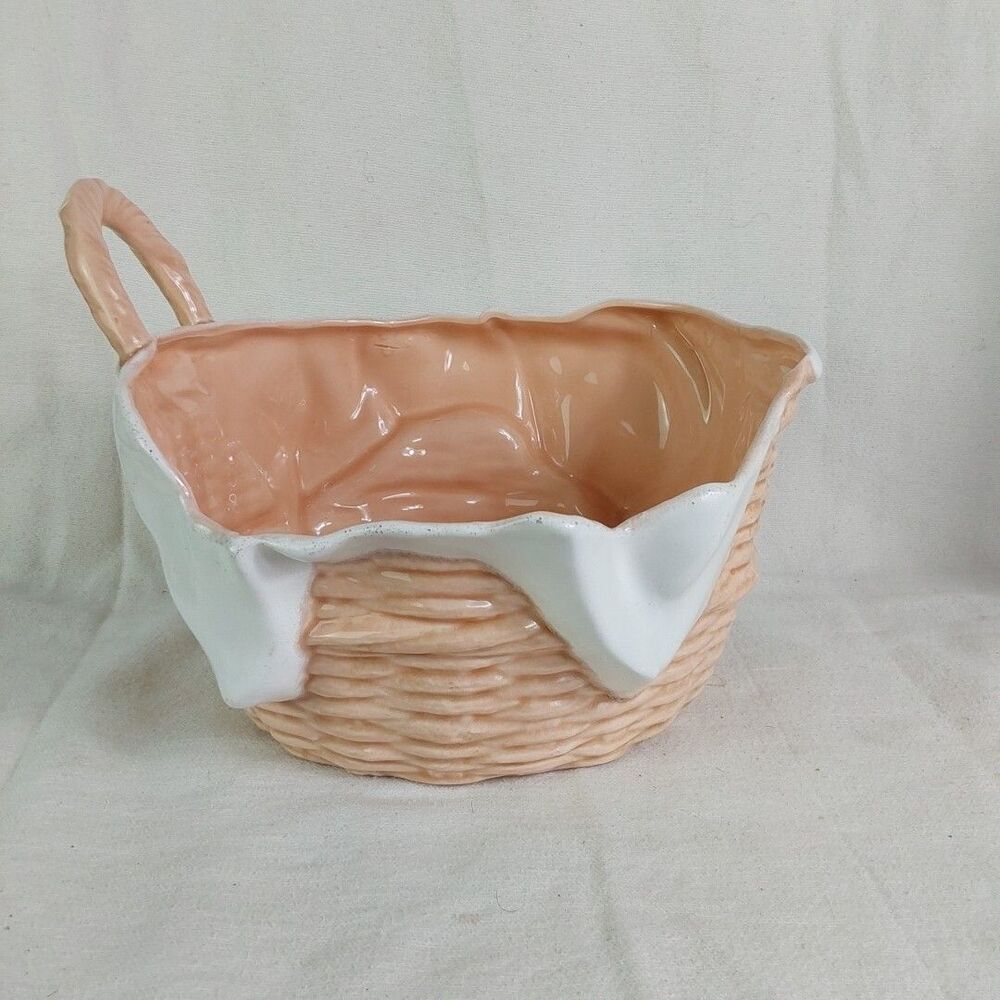 VTG Ceramic Basket with Drape Weave Pattern Peach Pink White Cottagecore Decor